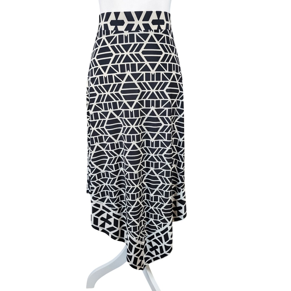 INC International Concepts Midi Skirt M Black White Geometric Handkerchief Hem